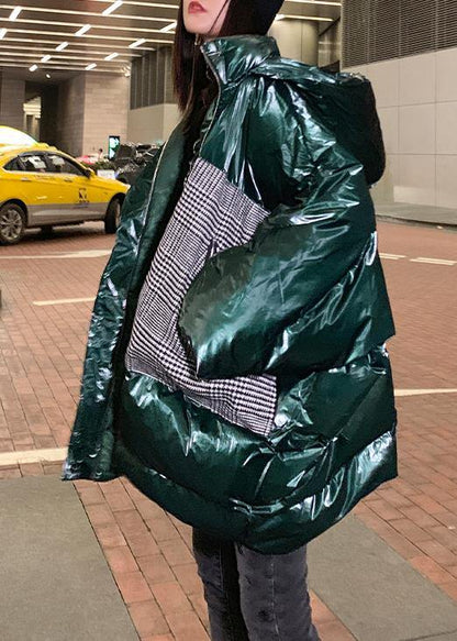 Warm green patchwork winter parkas oversize down jacket overcoat hooded - SooLinen
