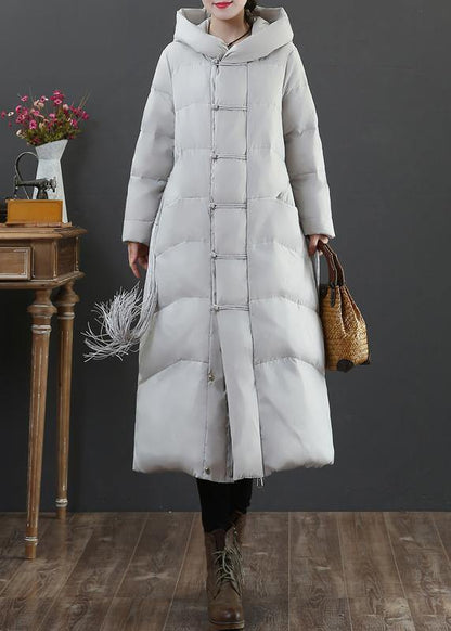 Warm light gray duck down coat plus size winter jacket hooded zippered Elegant overcoat - SooLinen