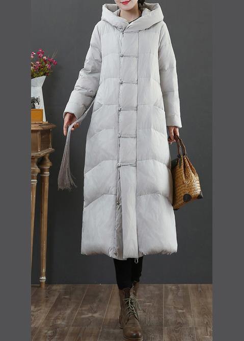 Warm light gray duck down coat plus size winter jacket hooded zippered Elegant overcoat - SooLinen