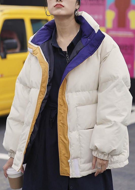 Warm nude women parka Loose fitting warm stand collar pockets winter coat - SooLinen