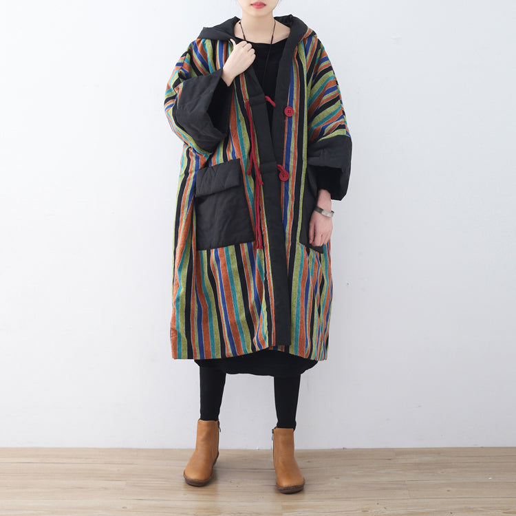 Warm orange striped Parka casual quilted coat Casual hooded