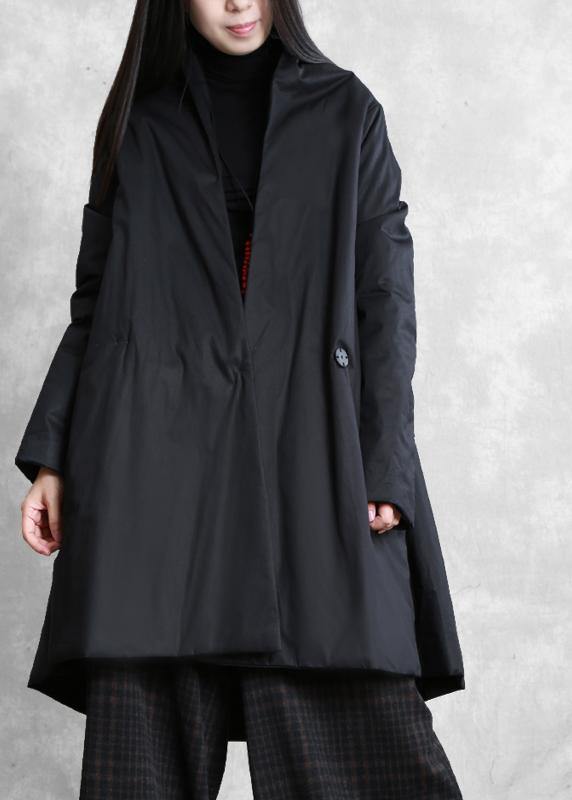 Warm oversize down jacket overcoat black v neck pockets coats - SooLinen