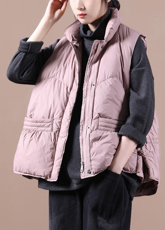 Warm pink down coat winter Loose fitting womens parka stand collar zippered Jackets - SooLinen