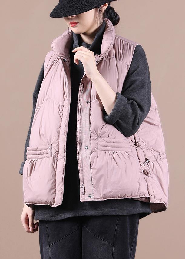 Warm pink down coat winter Loose fitting womens parka stand collar zippered Jackets - SooLinen