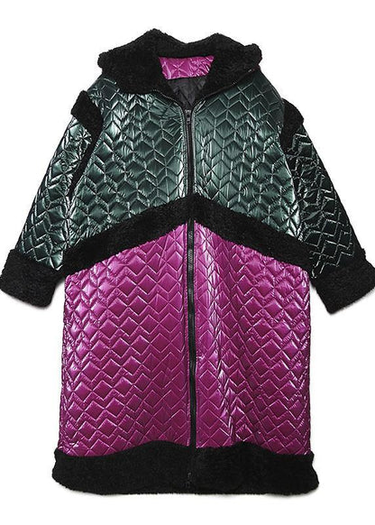 Warm plus size down jacket hooded coats red patchwork casual outfit - SooLinen