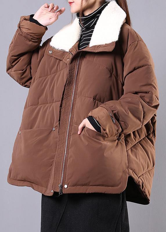 Warm plus size down jacket lapel coats chocolate pockets zippered winter parkas - SooLinen