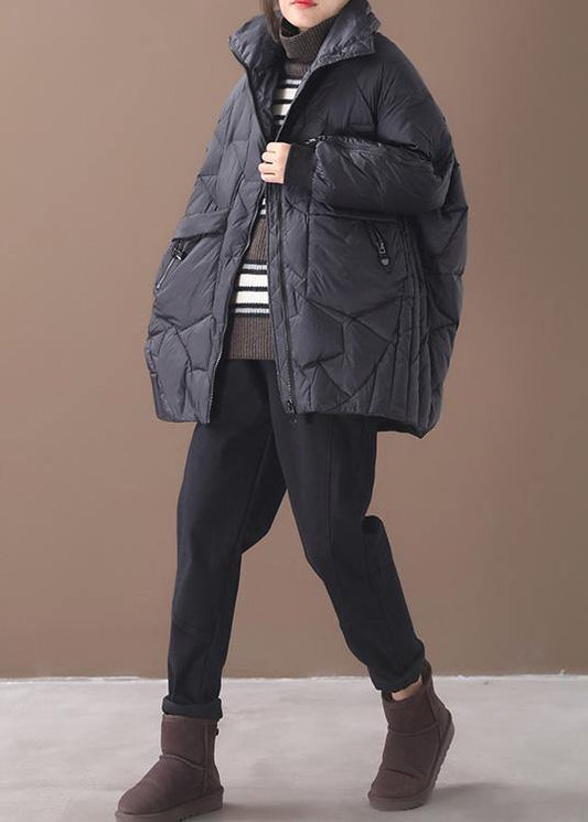 Warm plus size down jacket stand collar black zippered duck down coat - SooLinen