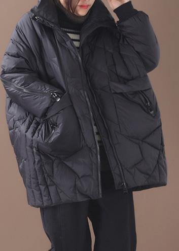 Warm plus size down jacket stand collar black zippered duck down coat - SooLinen