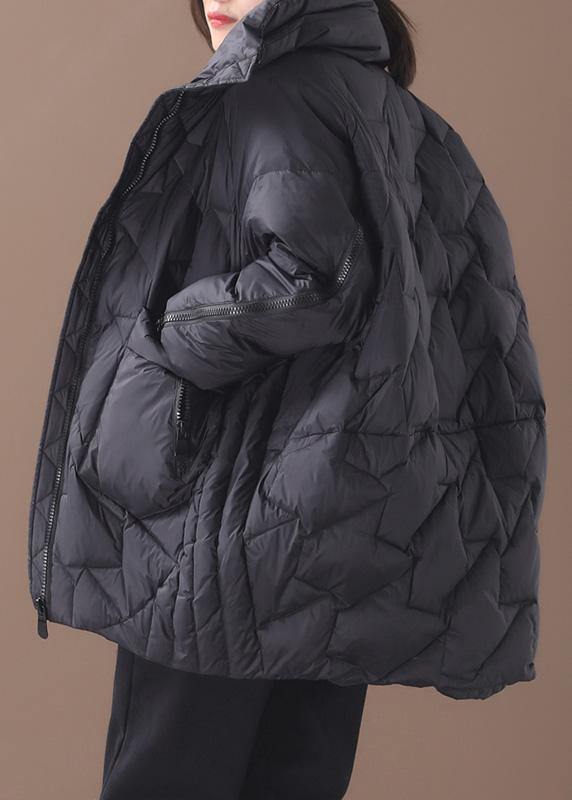 Warm plus size down jacket stand collar black zippered duck down coat - SooLinen