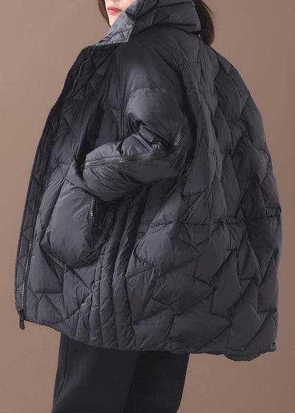 Warm plus size down jacket stand collar black zippered duck down coat - SooLinen
