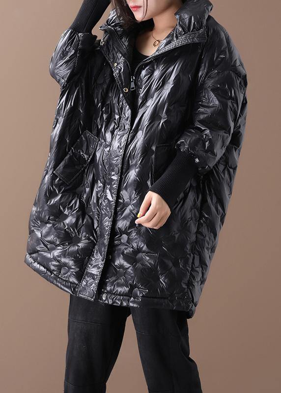 Warm plus size jackets coats black stand collar zippered goose Down coat - SooLinen