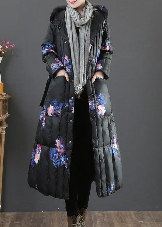Warm plus size womens parka coats black print hooded pockets goose Down coat - SooLinen