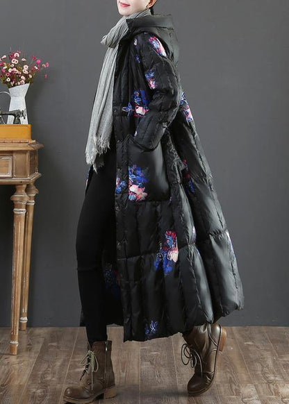 Warm plus size womens parka coats black print hooded pockets goose Down coat - SooLinen