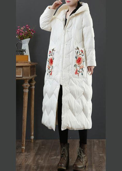 Warm plus size womens parka winter outwear beige embroidery hooded duck down coat - SooLinen