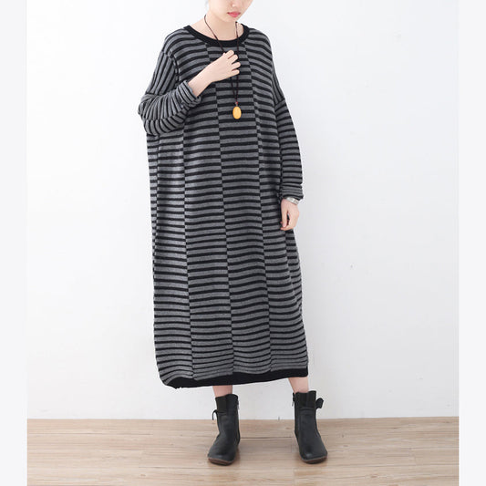 Warm striped knit dresses casual patchwork sweater casual  gray pullover sweater