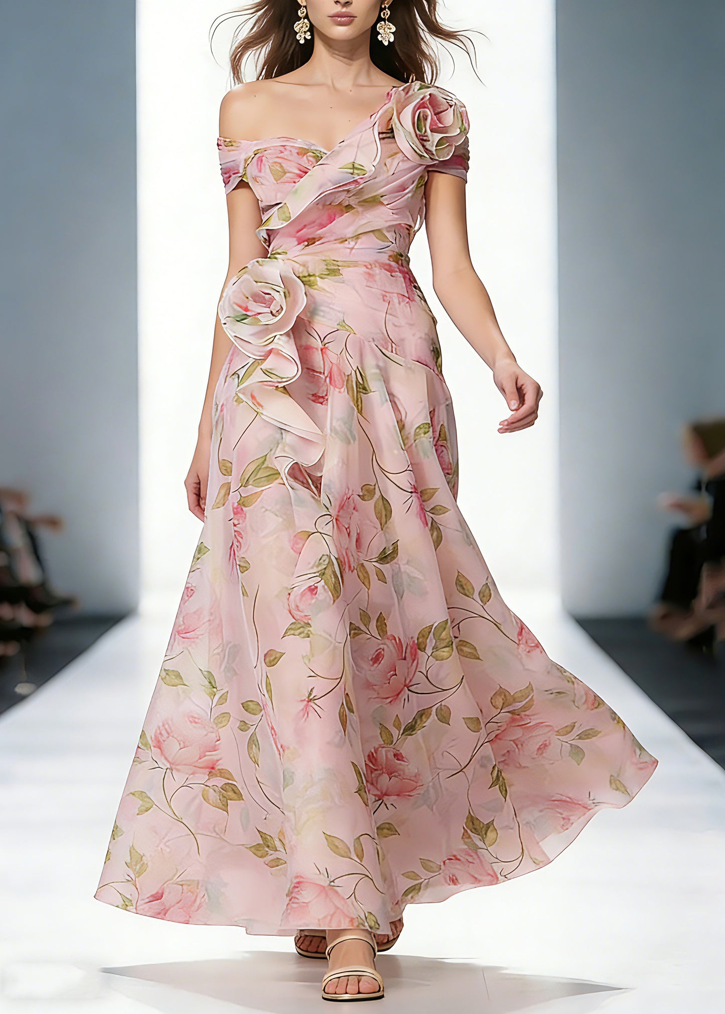 Wedding Pink Ruffled Print Organza Long Dress Summer