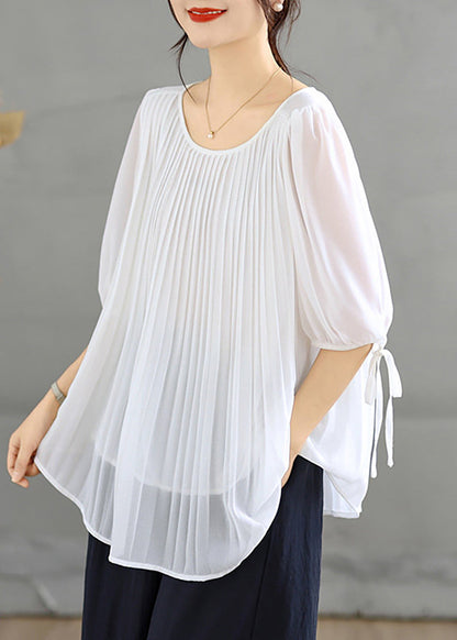 White Blouses Tops Pleated Chiffon Lace Up Half Sleeve