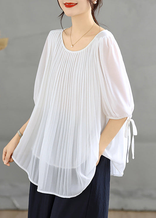 White Blouses Tops Pleated Chiffon Lace Up Half Sleeve