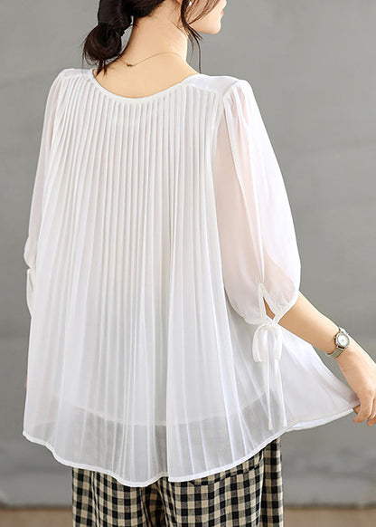 White Blouses Tops Pleated Chiffon Lace Up Half Sleeve