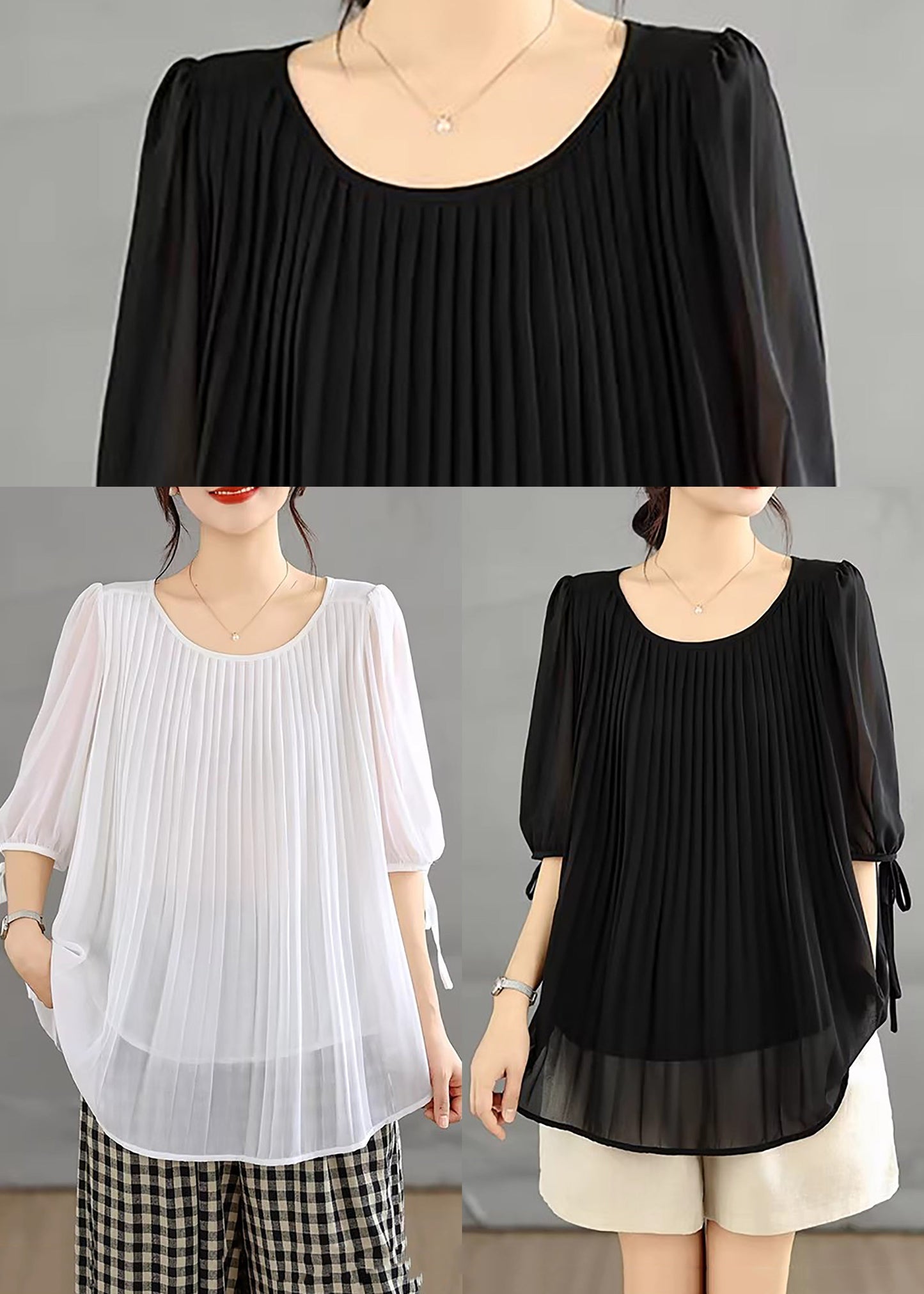 White Blouses Tops Pleated Chiffon Lace Up Half Sleeve