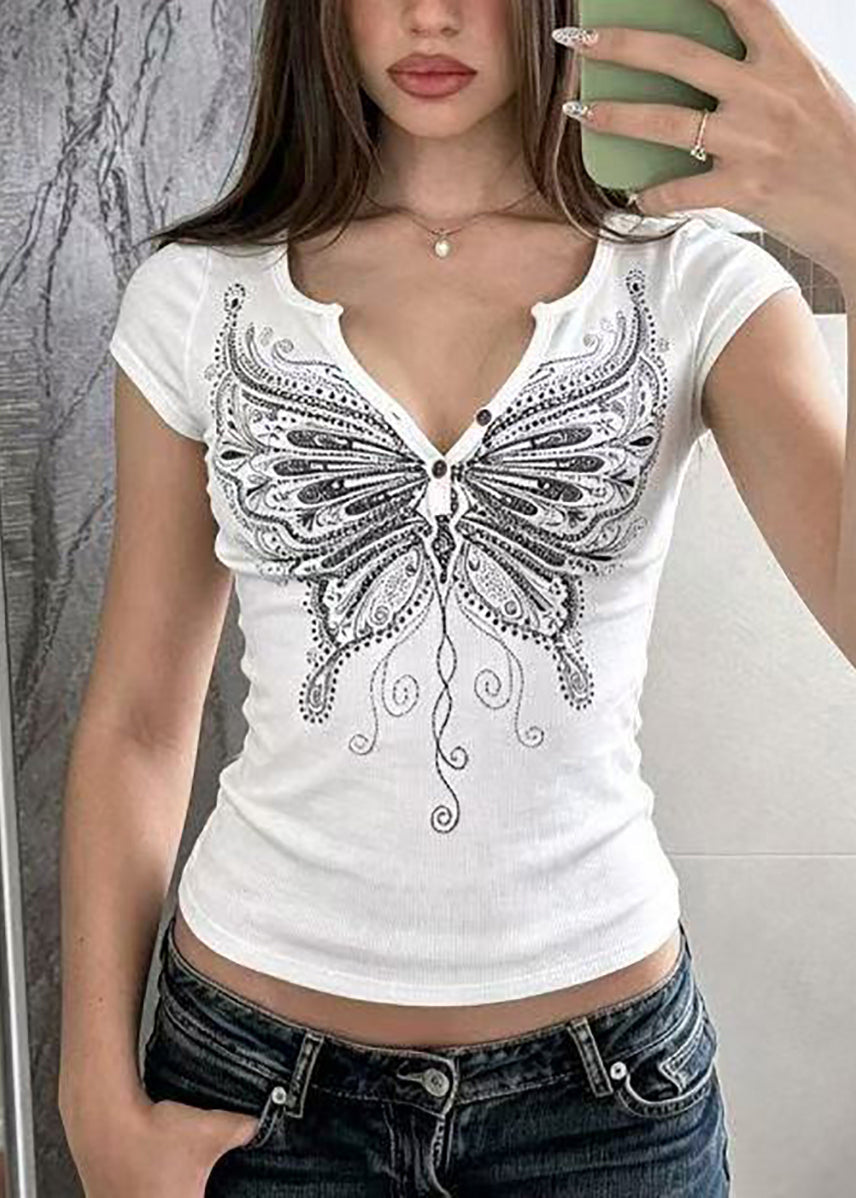 White Butterfly Print Blouses V Neck Short Sleeve