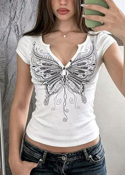 White Butterfly Print Blouses V Neck Short Sleeve