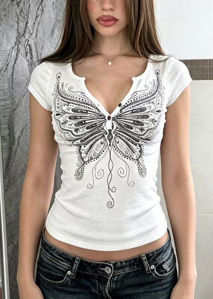 White Butterfly Print Blouses V Neck Short Sleeve