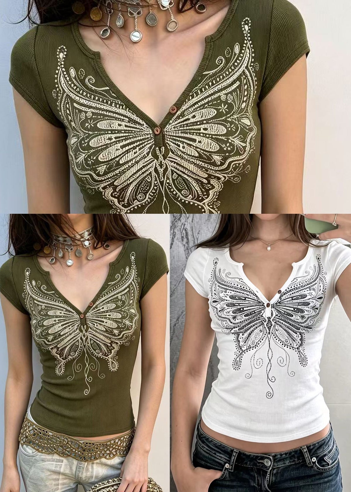 White Butterfly Print Blouses V Neck Short Sleeve