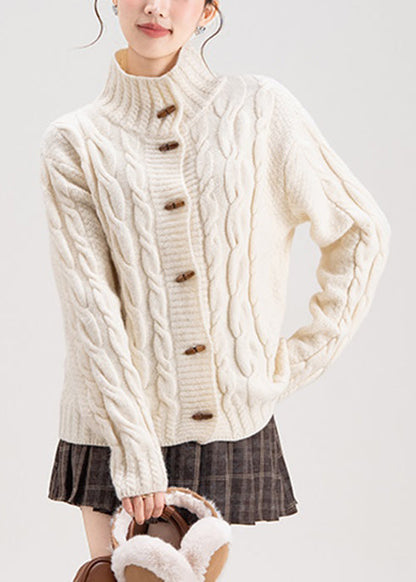 White Button Cozy Knit Winter Coats Stand Collar