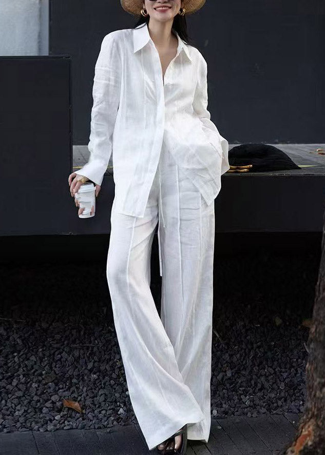 White Button Linen Shirts And Wide Leg Pants Two Pieces Set Spring