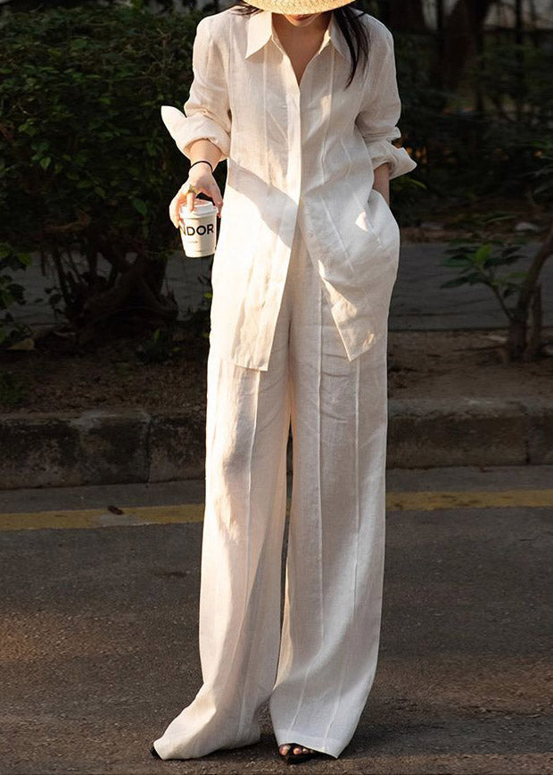 White Button Linen Shirts And Wide Leg Pants Two Pieces Set Spring