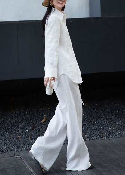 White Button Linen Shirts And Wide Leg Pants Two Pieces Set Spring