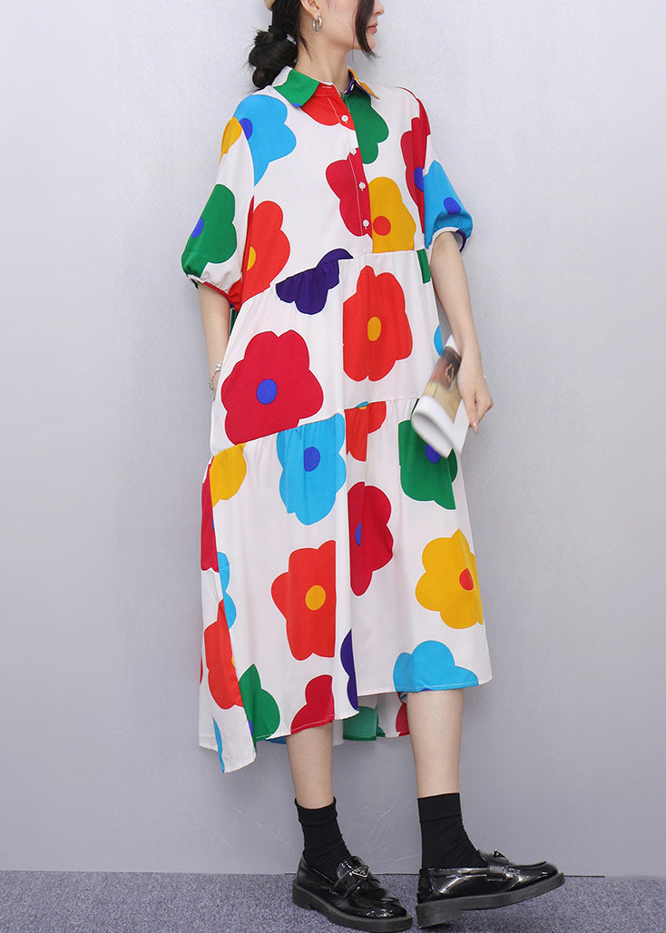 White Button Print Cotton Shirts Dress Peter Pan Collar Summer