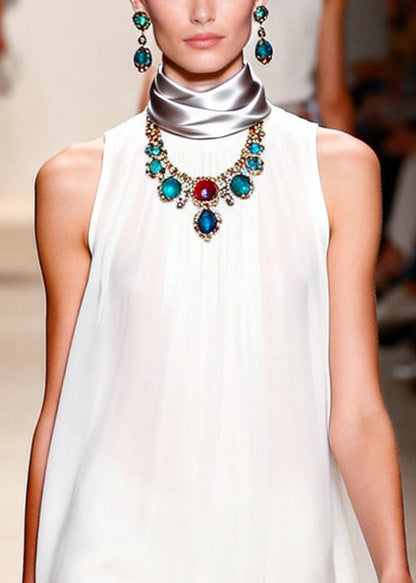 White Chiffon Tea Dress Oversized Draping Sleeveless