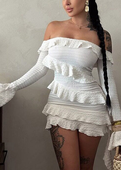 White Cold Shoulder Patchwork Ribbon Mid Dress Long Sleeve