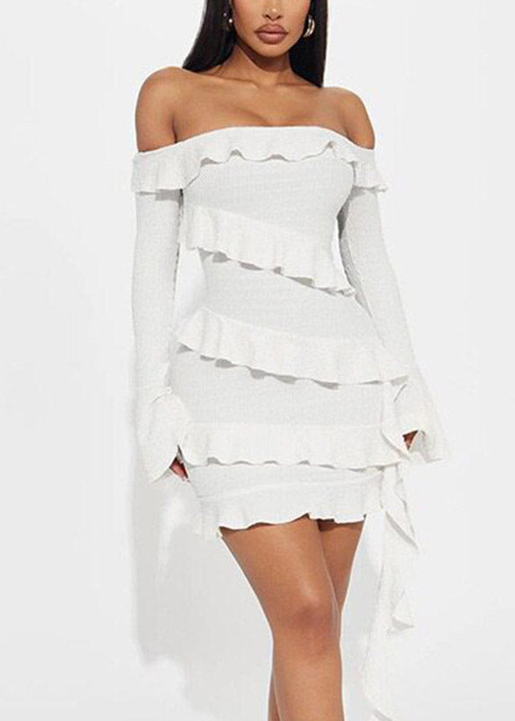 White Cold Shoulder Patchwork Ribbon Mid Dress Long Sleeve