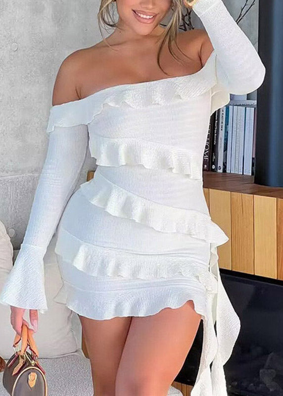 White Cold Shoulder Patchwork Ribbon Mid Dress Long Sleeve