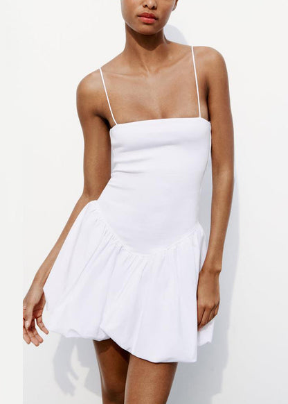 White Cold Shoulder Solid Cotton Sleeveless Mini Dress Backless