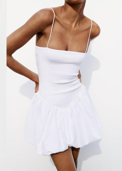 White Cold Shoulder Solid Cotton Sleeveless Mini Dress Backless