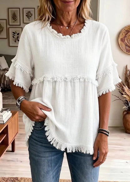 White Cotton Shirt Top O-Neck Tassel Summer