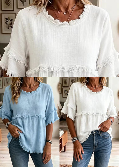 White Cotton Shirt Top O-Neck Tassel Summer