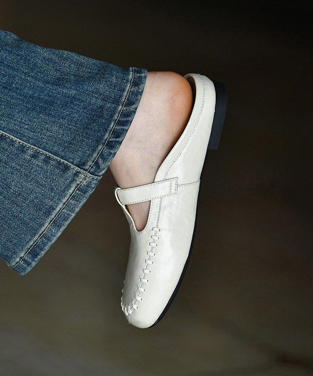 White Cowhide Leather Comfortable Hollow Out Thong Sandals