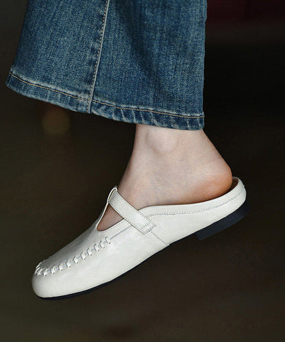White Cowhide Leather Comfortable Hollow Out Thong Sandals