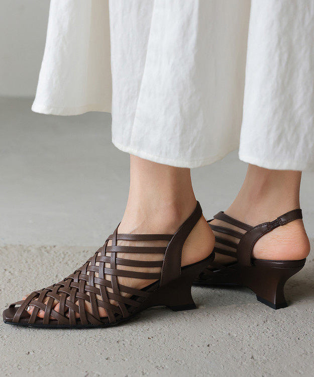 White Cowhide Leather Hollow Out Splicing Wedge Heels Sandals