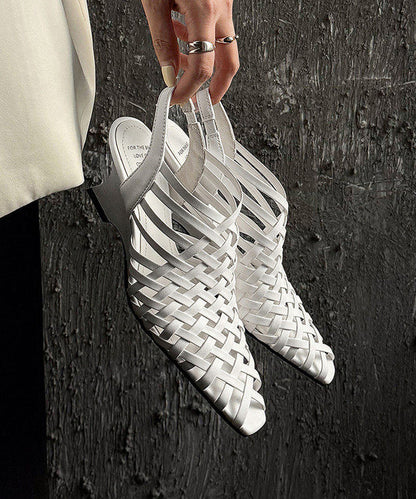 White Cowhide Leather Hollow Out Splicing Wedge Heels Sandals