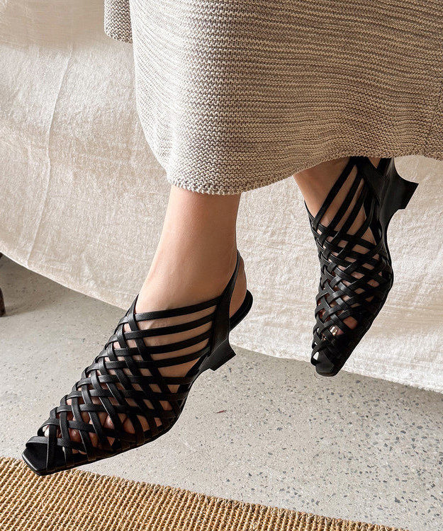White Cowhide Leather Hollow Out Splicing Wedge Heels Sandals