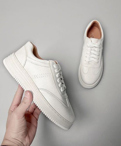 White Cowhide Leather Splicing Flat Feet Shoes Lace Up