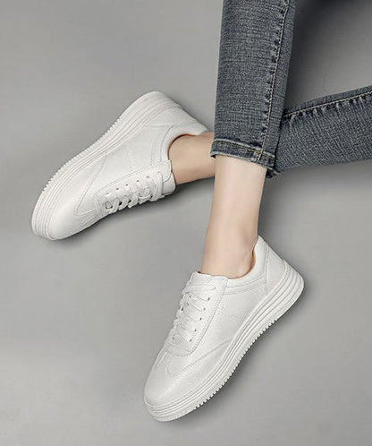 White Cowhide Leather Splicing Flat Feet Shoes Lace Up