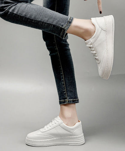 White Cowhide Leather Splicing Flat Feet Shoes Lace Up