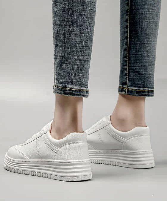 White Cowhide Leather Splicing Flat Feet Shoes Lace Up